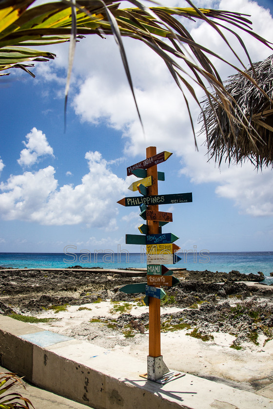 Far-Away 
 Colourful direction post with palms, beach, sea and straw hut, West Bay, Grand Cayman 
 Keywords: Colourful, direction, post, palm, beach, sea, straw, hut, West Bay, Grand Cayman, exotic, tropical, fun